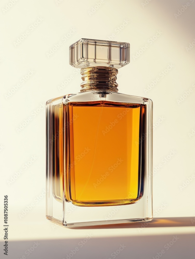 A glass perfume bottle filled with amber liquid, elegantly displayed with soft lighting. A glass perfume bottle filled with amber liquid, elegantly displayed with soft lighting.