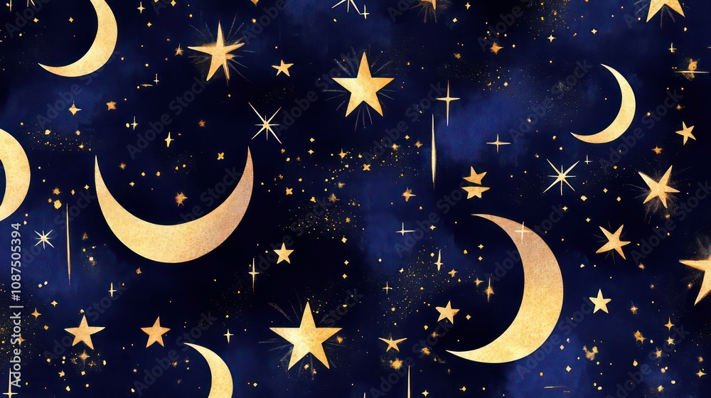 Naklejka premium Seamless pattern with gold stars, crescent moons, and glitter on a dark blue background.