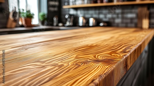 Richly Grained Wooden Kitchen Countertop Detail photo