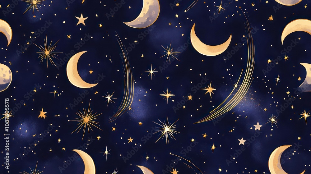 Naklejka premium A seamless pattern of shooting stars and moons, with a cosmic, dreamy feel, in shades of lavender, gold, and navy blue