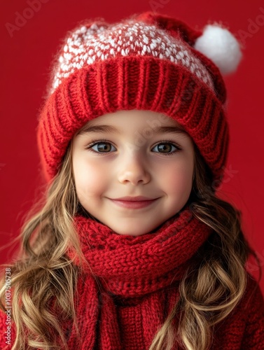 cute christmas child portrait isolated on bright red background, copy space. child portrait new year winter concept