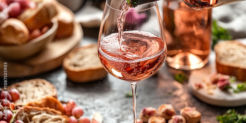 Pouring rose wine alongside bread and various snacks in the background, creating a delightful scene centered around rose wine and savory treats for sharing and enjoyment. Pouring rose wine alongside bread and various snacks in the background, creating a delightful scene centered around rose wine and savory treats for sharing and enjoyment.