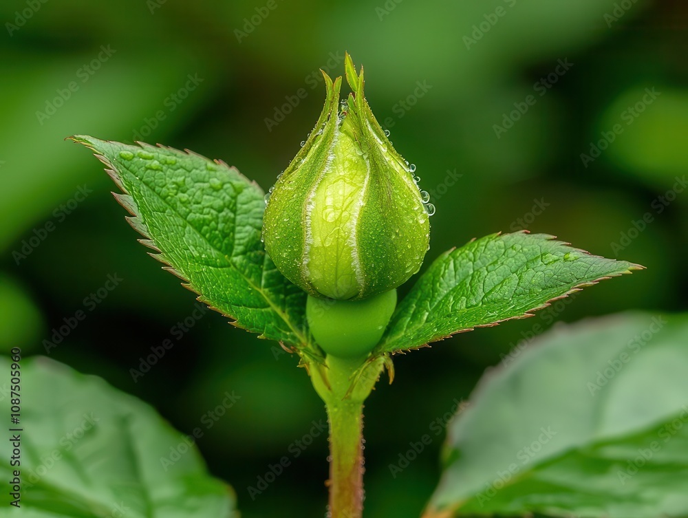 Closeup of a rosebud with delicate dew beads, natural macro shot, elegant outdoors Closeup of a rosebud with delicate dew beads, natural macro shot, elegant outdoors