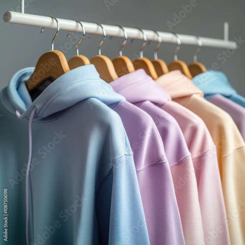 Row of colorful row t-shirts with sweatshirt hanging on hangers on a white background