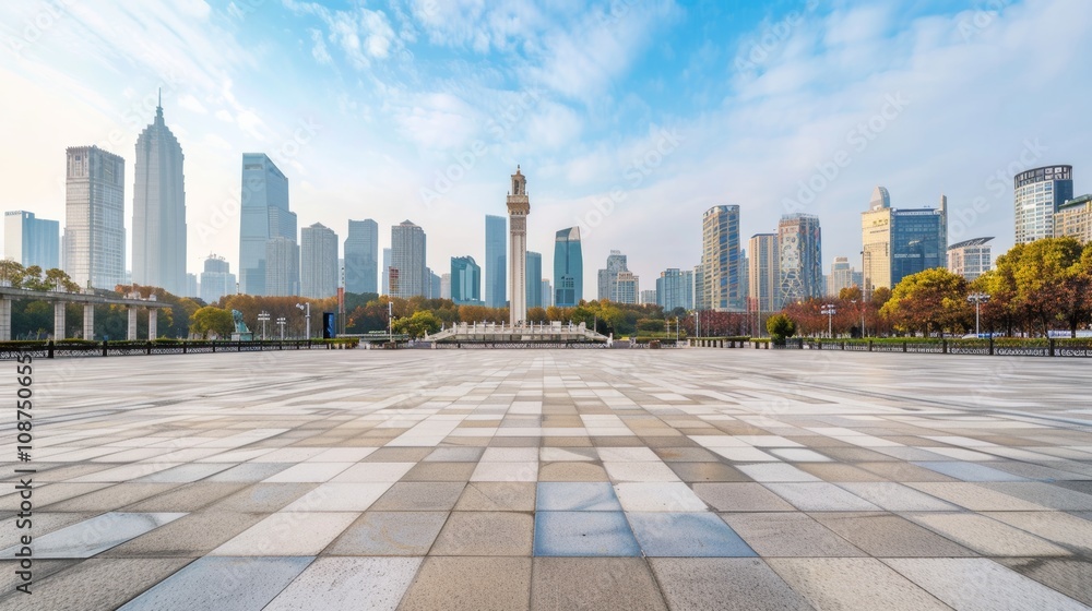 Obraz premium Empty square floor with city skyline background, City skyline with an urban sanctuary, where serene parks and tranquil spaces offer solace amidst the urban hustle
