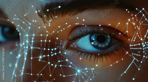 Digital art creation featuring intricate glowing constellations displayed on a person's face in a mesmerizing close-up view