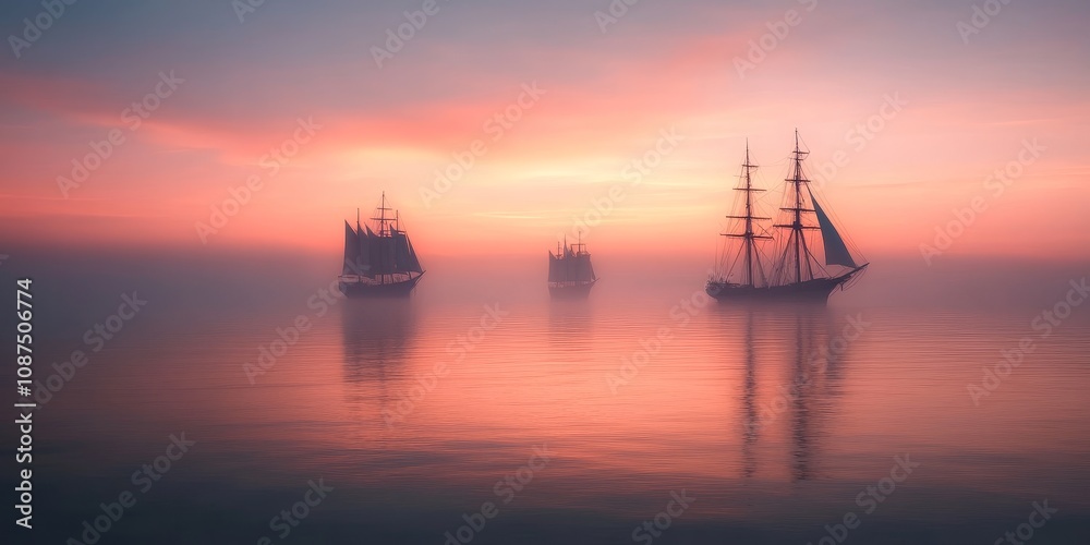 Three ships of different sizes appear on the hazy horizon during sunset, creating a stunning maritime scene with a captivating blend of colors and shapes on the serene horizon. Three ships of different sizes appear on the hazy horizon during sunset, creating a stunning maritime scene with a captivating blend of colors and shapes on the serene horizon.