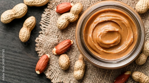 Peanut butter spread vegan concept. Artisancrafted vegan peanut butter jar, surrounded by raw peanuts on rustic burlap fabric photo