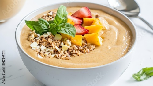 Peanut butter spread vegan concept. Closeup of a peanut butter smoothie bowl with intricate toppings, tropical theme