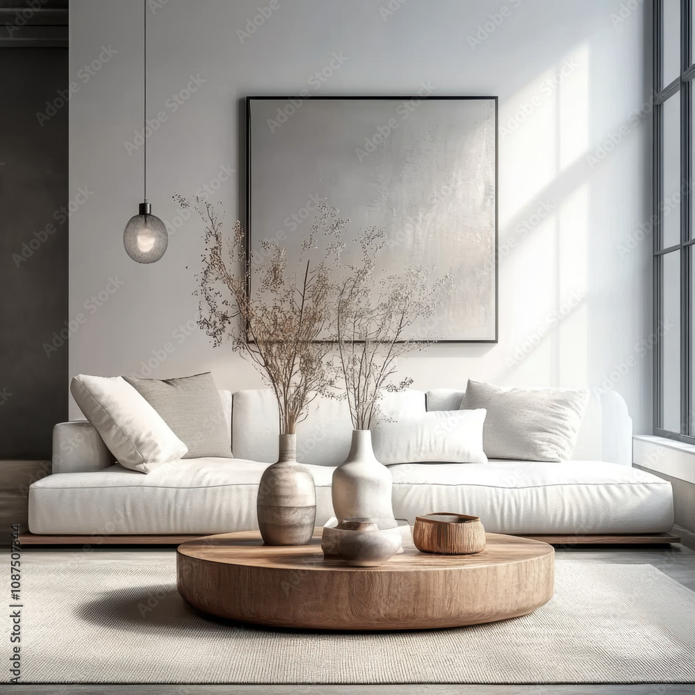 Minimalist and boho style interior design with modern living room and white sofa