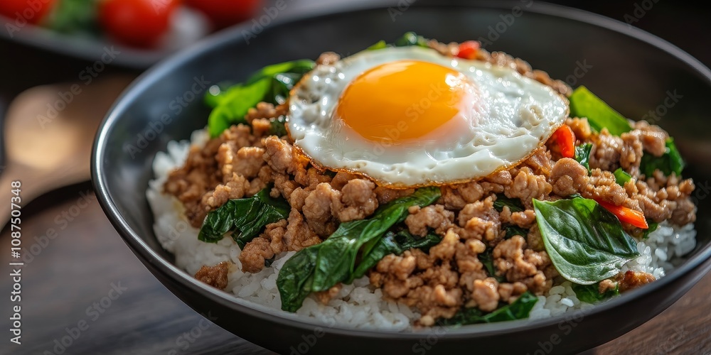 Stir fried minced pork and basil served on rice, topped with a fried egg, create a delicious dish. This flavorful combination of rice, minced pork, and basil is truly satisfying. Stir fried minced pork and basil served on rice, topped with a fried egg, create a delicious dish. This flavorful combination of rice, minced pork, and basil is truly satisfying.