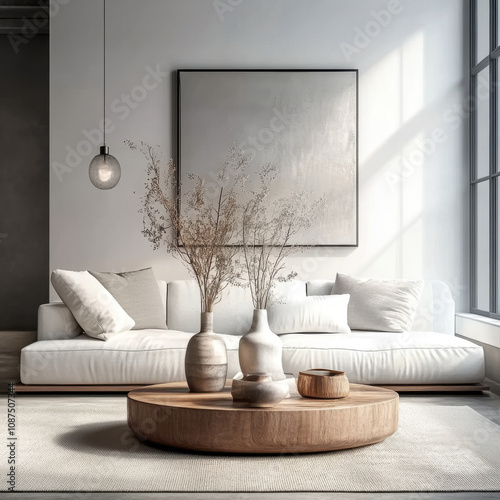 Obraz na płótnie Minimalist and boho style interior design with modern living room and white sofa w salonie