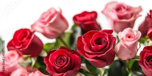 Close up of a beautiful bouquet featuring red and pink roses, showcasing the vibrant colors and delicate petals of the fresh roses against a clean white background. Perfect for floral art.