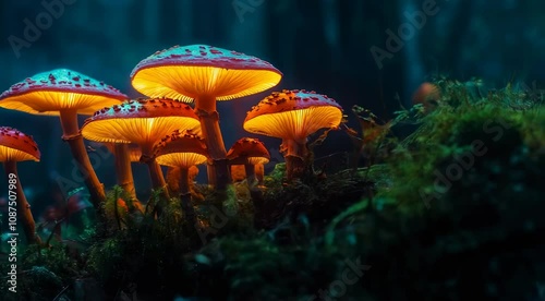 Bioluminescent mushrooms illuminate a dark forest setting at night showcasing vibrant colors and enchanting nature