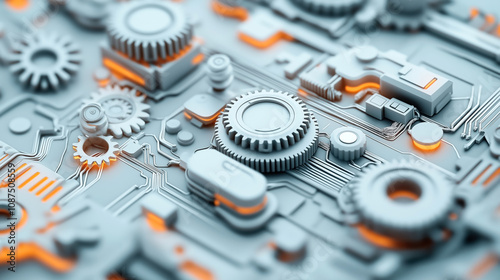 Abstract 3D illustration of interconnected gears and circuits resembling a mechanistic and technological theme with orange and gray color scheme. photo