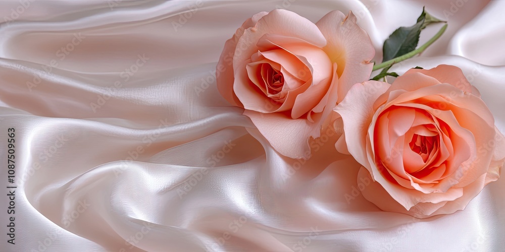 Roses gracefully positioned against a flowing fabric background create a stunning visual. The combination of the roses and the waving fabric background enhances the overall elegance of the image. Roses gracefully positioned against a flowing fabric background create a stunning visual. The combination of the roses and the waving fabric background enhances the overall elegance of the image.