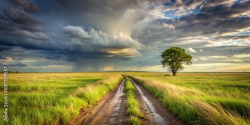 A solitary tree stands tall amidst a vast green field, the road leading towards it, a path through the storm that has just passed, leaving behind a sky painted with soft hues of blue and grey.