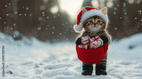 An adorable kitten wearing a Santa Claus costume and black boots, with a gift bag in the snow. photo