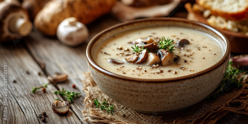 A bowl of cream of mushroom soup placed elegantly on a rustic wooden table, showcasing the rich texture and flavor of cream of mushroom soup in a cozy setting. A bowl of cream of mushroom soup placed elegantly on a rustic wooden table, showcasing the rich texture and flavor of cream of mushroom soup in a cozy setting.