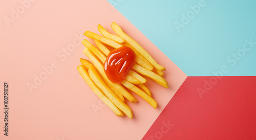 Batatas fritas minimalistas com ketchup em fundo de blocos de cores photo