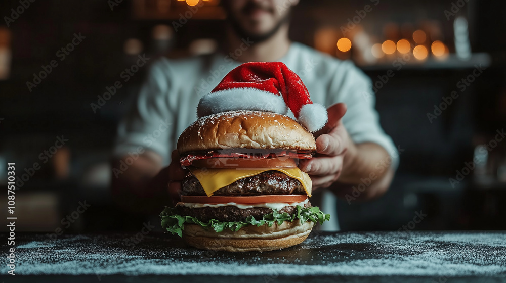 A man holding a festive burger styled with a red and white Santa hat for seasonal celebrations A man holding a festive burger styled with a red and white Santa hat for seasonal celebrations