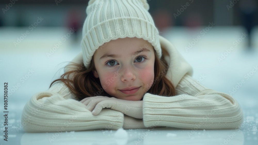 portrait, a little girl in a white sweater and a white hat lies on the ice portrait, a little girl in a white sweater and a white hat lies on the ice