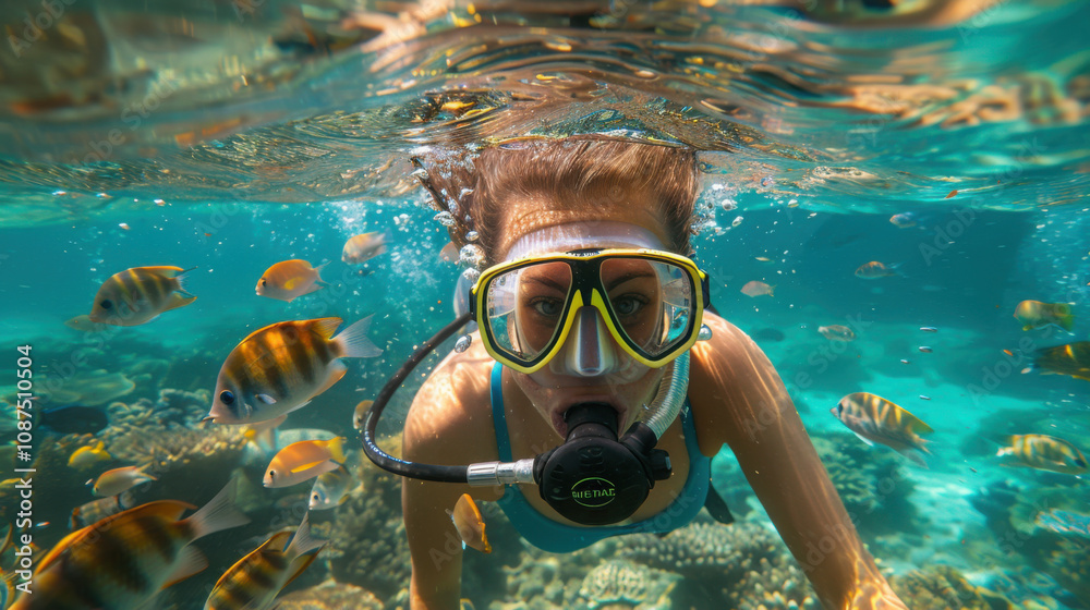 Family scuba diving in crystal clear tropical waters, exploring vibrant coral reefs and marine life, with colorful fish swimming around Family scuba diving in crystal clear tropical waters, exploring vibrant coral reefs and marine life, with colorful fish swimming around