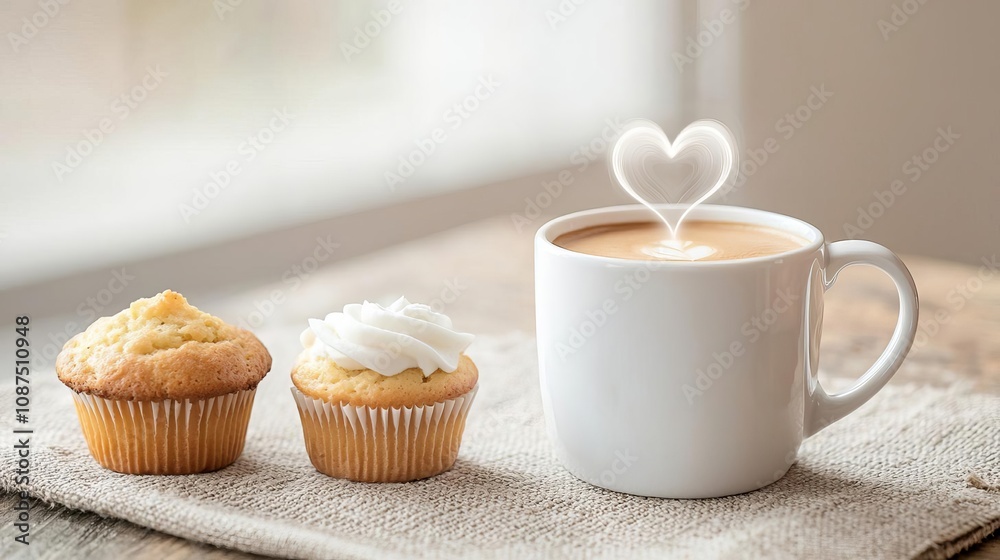 Coffee cup with steam forming a heart, muffin beside it on a rustic tablecloth, warm and intimate moment, perfect for a cozy cafe advertisement Coffee cup with steam forming a heart, muffin beside it on a rustic tablecloth, warm and intimate moment, perfect for a cozy cafe advertisement