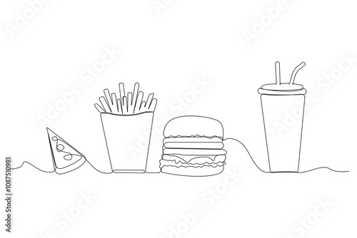 Hand-drawn Fast food one-line art drawing. Fast food concept continuous outline vector