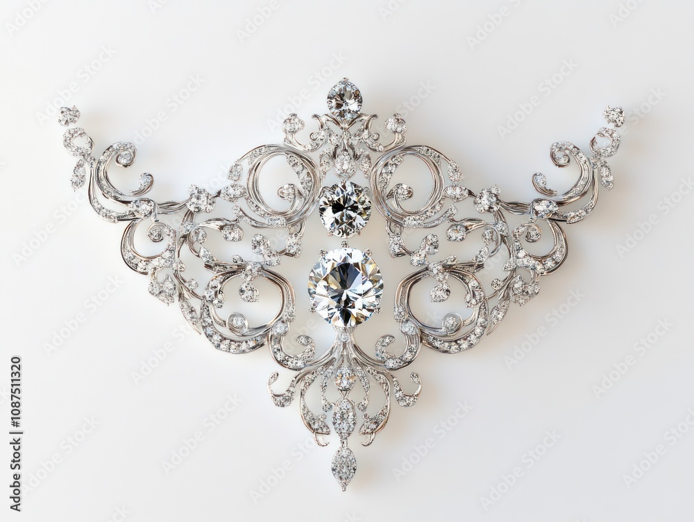 Obraz premium A decorative silver brooch adorned with sparkling gemstones and intricate designs.