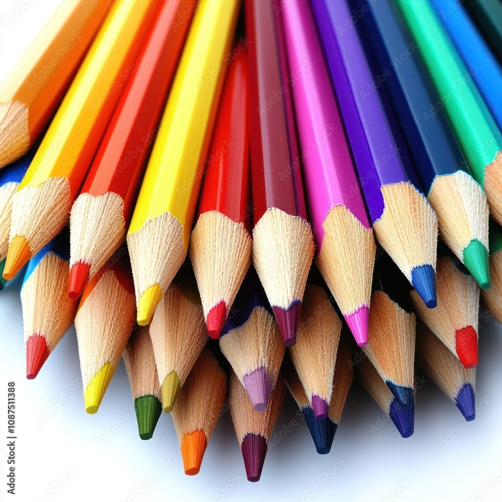 A vibrant collection of colored pencils arranged in a fan shape, ideal for art and creativity. A vibrant collection of colored pencils arranged in a fan shape, ideal for art and creativity.