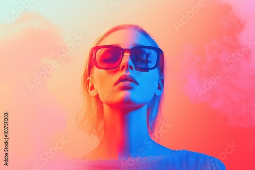 Retrato feminino com óculos de sol em iluminação neon nas cores rosa e azul, estilo futurista e conceitual, criado por IA generativa. photo