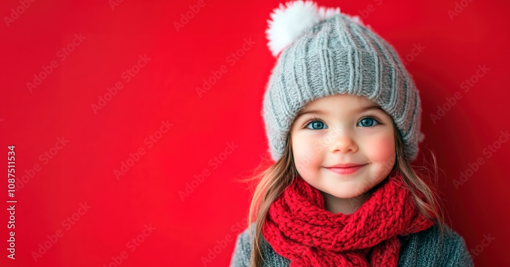 cute christmas child portrait isolated on bright red background, copy space. child portrait new year winter concept