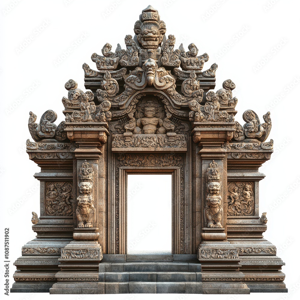 Fototapeta premium An intricately carved stone temple entrance featuring ornate sculptures and detailed reliefs, showcasing traditional architectural design.