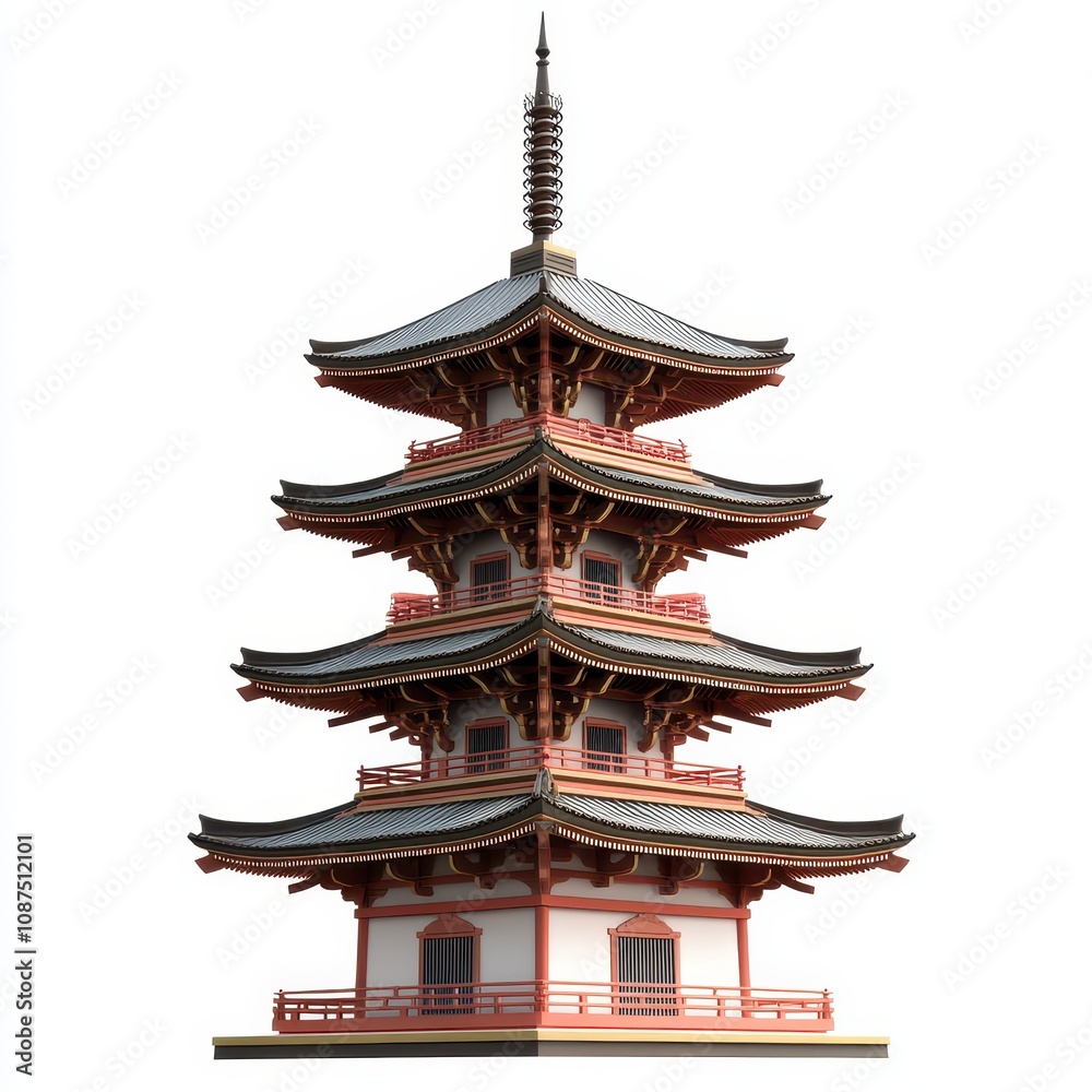 A five-tiered pagoda with ornate architecture, featuring red and gray hues, showcasing traditional Asian design elements. A five-tiered pagoda with ornate architecture, featuring red and gray hues, showcasing traditional Asian design elements.
