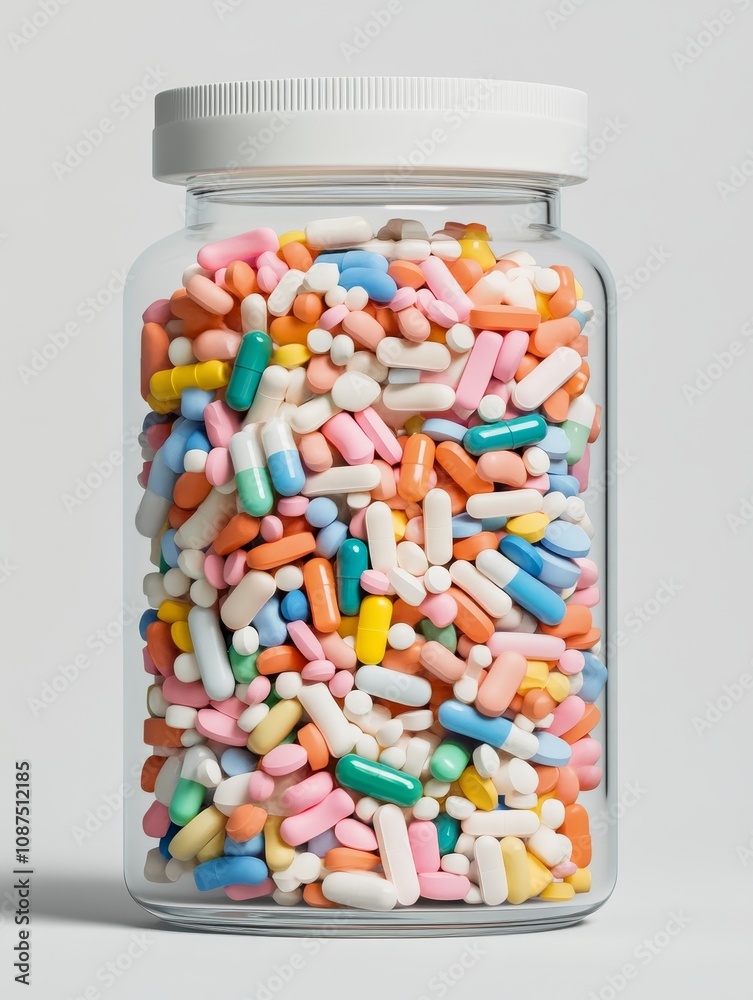 large, clear glass jar filled with small, colorful beads in shades of pink, blue, yellow, and green, beads piled randomly yet creating a vibrant, textural display large, clear glass jar filled with small, colorful beads in shades of pink, blue, yellow, and green, beads piled randomly yet creating a vibrant, textural display