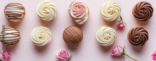 Delightful Assortment of Gourmet Cupcakes Arranged with Fresh Pink Roses on a Soft Pink Background, Perfect for Celebrations and Sweet Treat Lovers