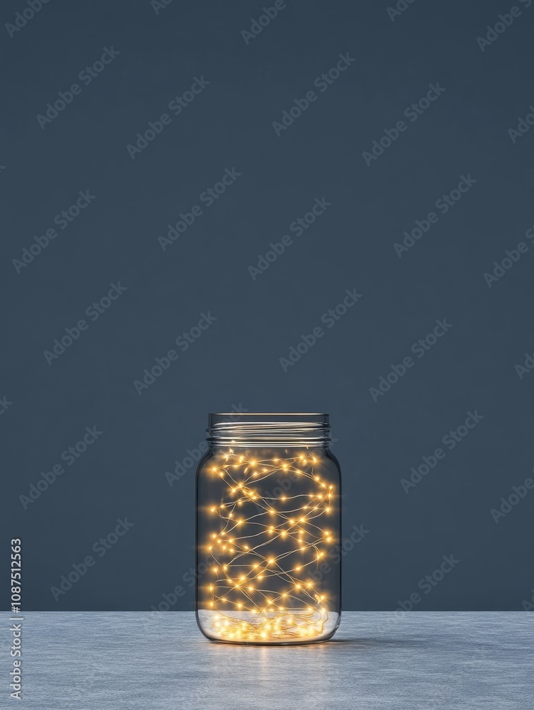 glass jar containing a strand of soft fairy lights, lights glowing softly and creating a warm, inviting atmosphere, wires arranged to form a spiral pattern inside the jar, making the light appear to glass jar containing a strand of soft fairy lights, lights glowing softly and creating a warm, inviting atmosphere, wires arranged to form a spiral pattern inside the jar, making the light appear to