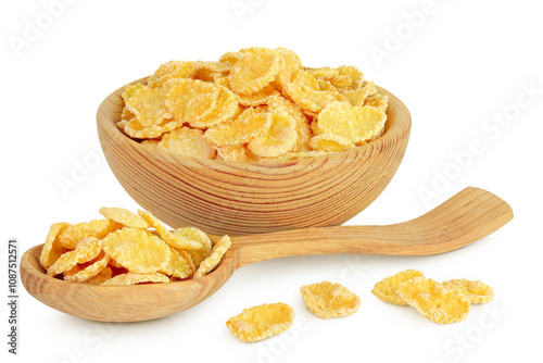 Cornflakes in wooden bowl and spoon isolated on white background.