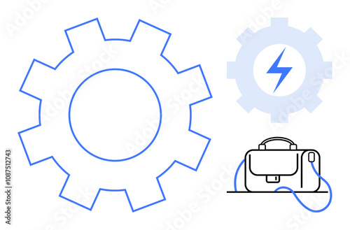 Gear icon, smaller gear with lightning bolt, and briefcase symbolizing work, planning, productivity, and electrical energy. Ideal for business, engineering, planning, project management, technology