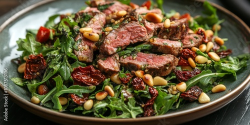 Warm salad featuring lamb fillet complemented by fried porcini mushrooms, crunchy pine nuts, sun dried tomatoes, and a flavorful vinaigrette sauce, creating a delightful warm salad experience.