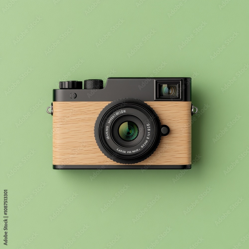 Fototapeta premium Digital camera with wooden accents around the grip, showcased on a soft green background capturing a diagonal view, Photorealistic