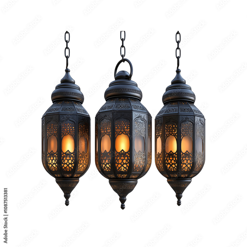 Three Illuminated Moroccan Lanterns Hanging in a Row