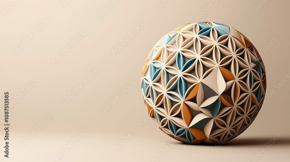 3D geometric sphere with intricate flower-like patterns in shades of cream, teal, and orange on a beige background 3D geometric sphere with intricate flower-like patterns in shades of cream, teal, and orange on a beige background