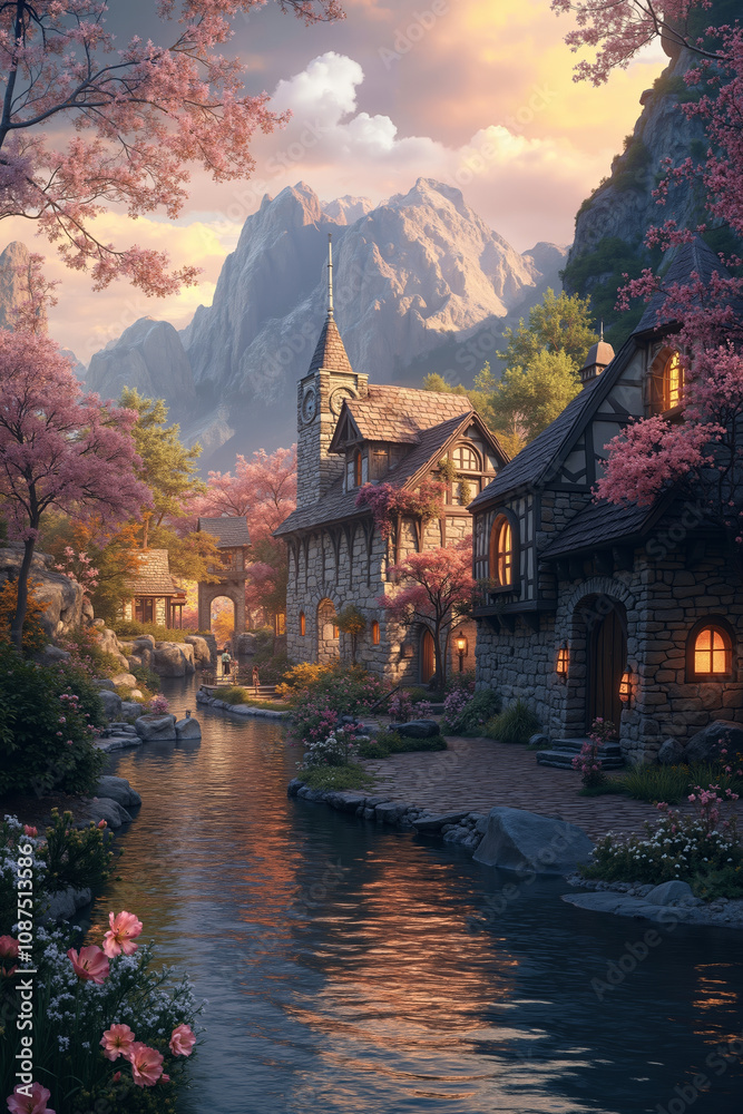Fototapeta premium A small town in the middle of a river surrounded by trees and flowers