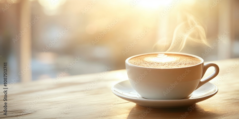Obraz premium A cup of coffee sits in a cafe against a light background, offering a perfect moment to enjoy. This cup of coffee invites relaxation and contemplation in a cozy setting. Copy space available.