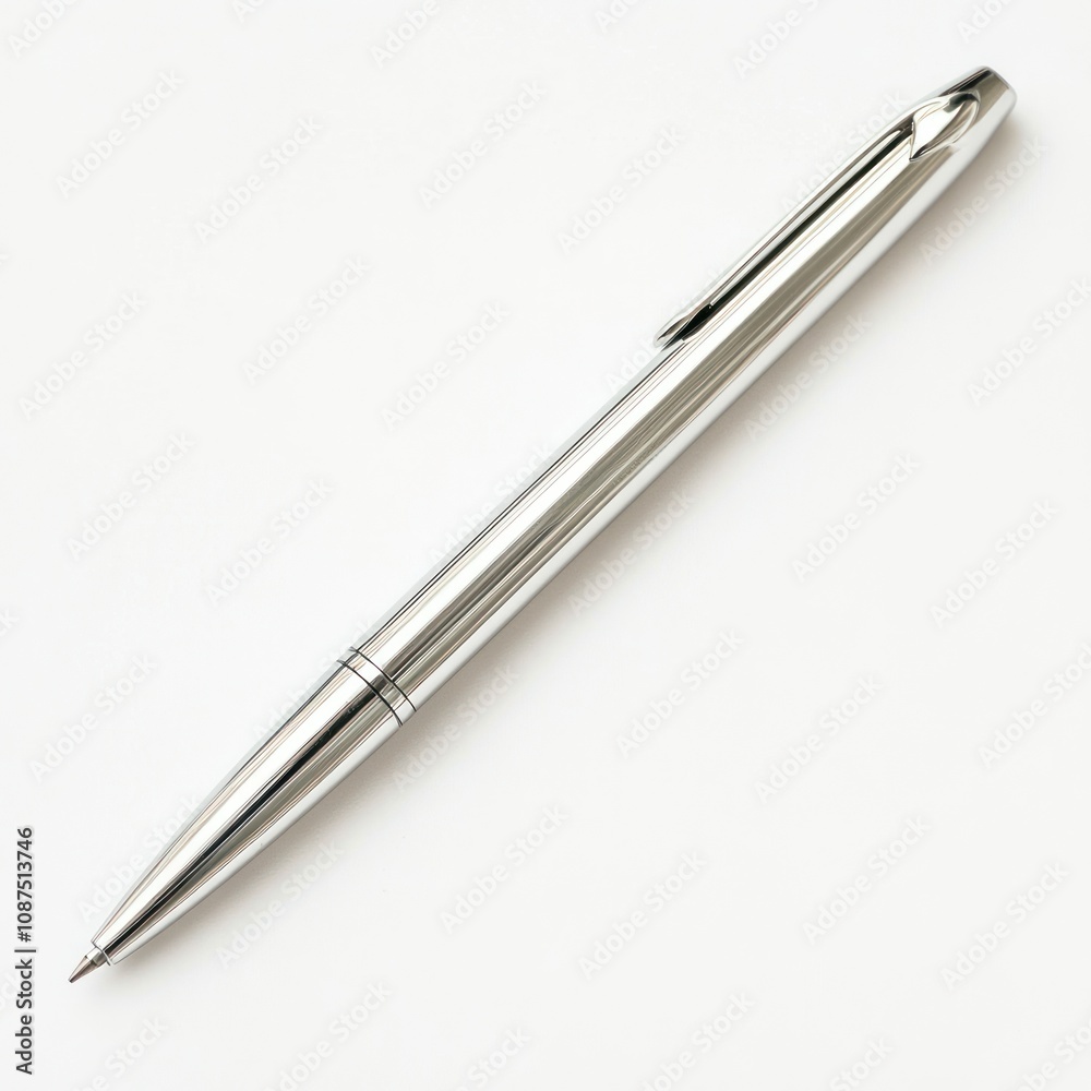 A sleek silver pen lying on a white surface, designed for writing and note-taking. A sleek silver pen lying on a white surface, designed for writing and note-taking.