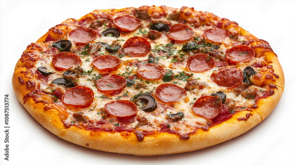 Pizza with pepperoni and olives isolated on white Pizza with pepperoni and olives isolated on white