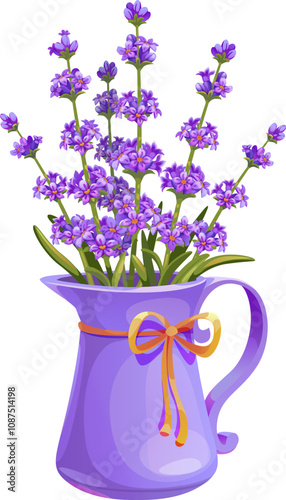 Cartoon lavender flowers in a purple decorative vase. Isolated vector violet pitcher, adorned with a ribbon, filled with a vibrant wildflowers bouquet. Home decor, aromatherapy or floral design item