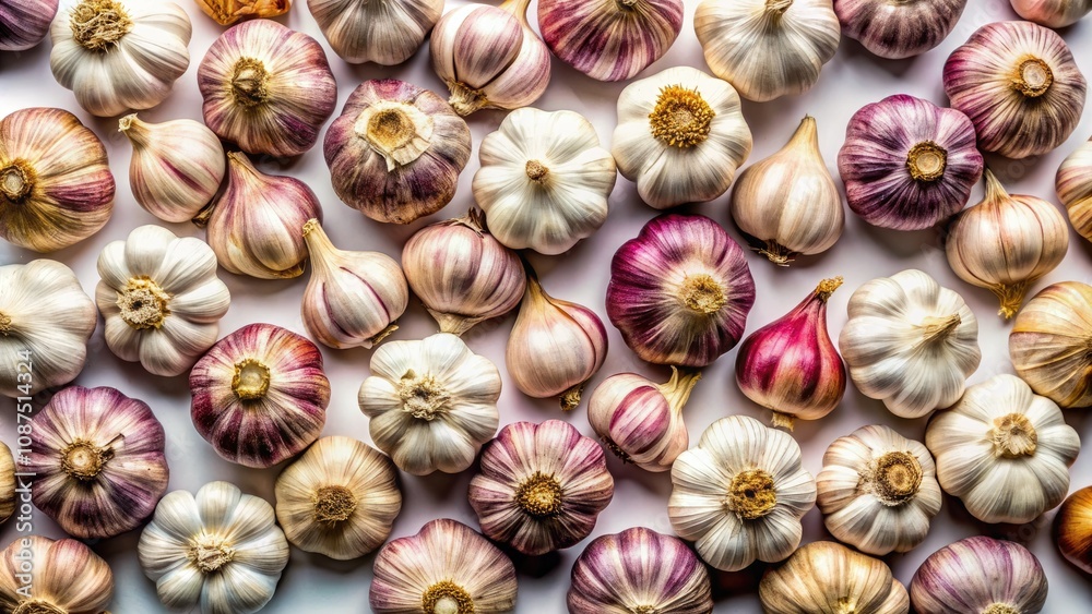 Aerial View of Whole Garlic Cloves and Bulbs on a White Background for Culinary and Health Uses Aerial View of Whole Garlic Cloves and Bulbs on a White Background for Culinary and Health Uses